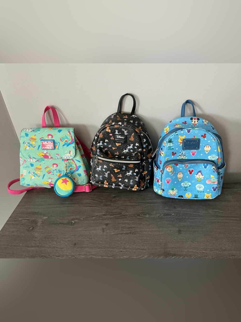THREE Loungefly Mini Backpacks with Multicolor Disney Character Prints